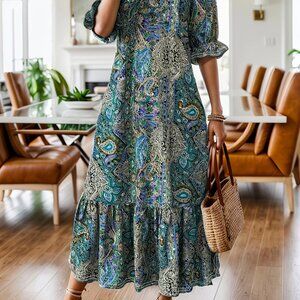 Full Size Bohemian Paisley Print Ruffle Hem Midi Dress Plus Size